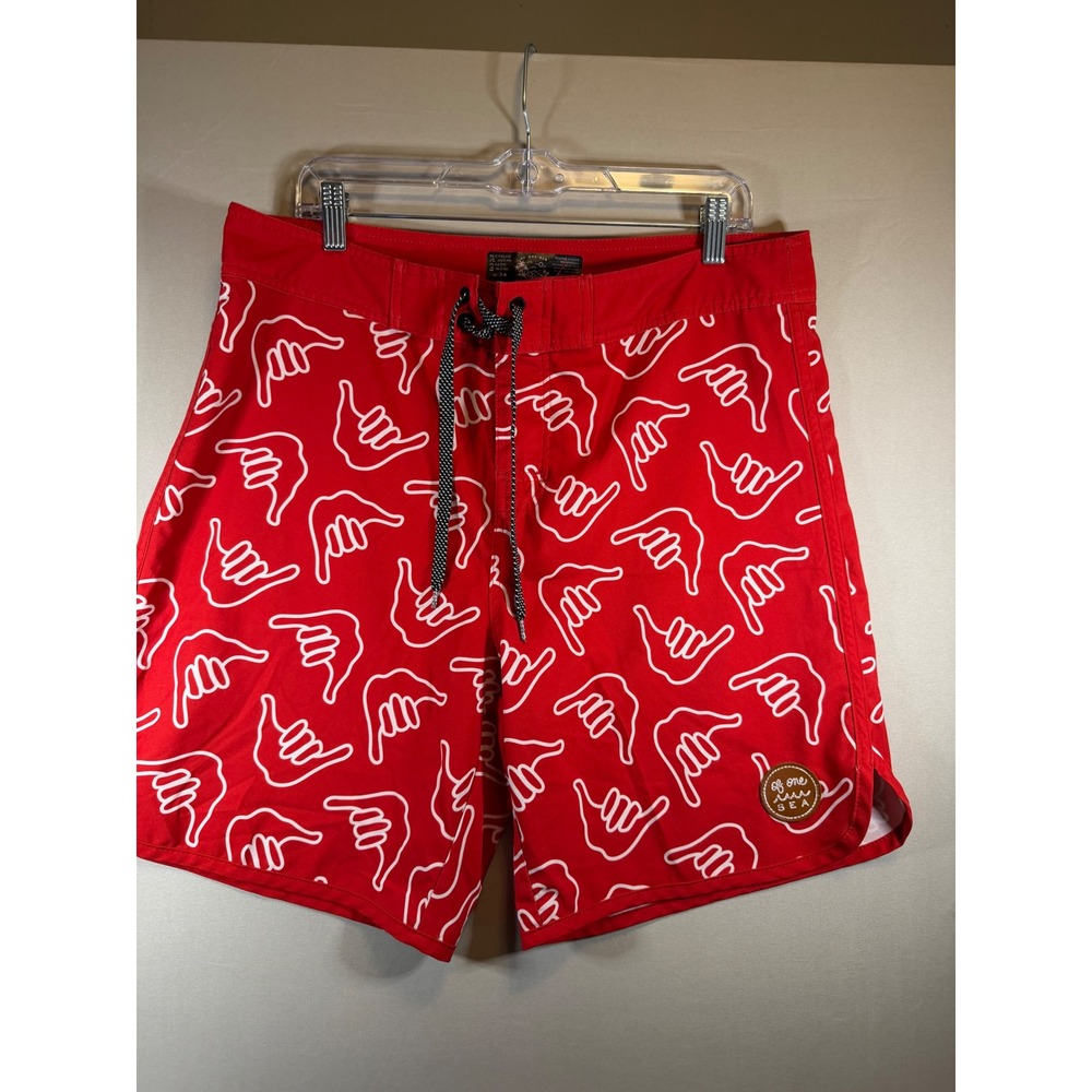 Of One Sea Mens Red Shaka Print Board Shorts Recycled Ocean Plastic Size 34